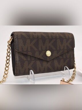 Michael Kors Brown Signature Envelope Crossbody Wallet with Chain